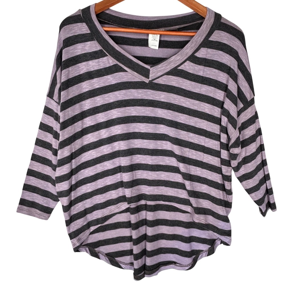 Pretty Young Thing Purple Gray Stripe High-Low 3/4 Sleeve Sweater Women's L NWOT